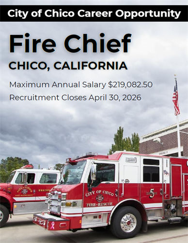 Fire Chief recruitment flyer, picture of fire trucks, max salary $299,082.50. Recruitment closes 4/30/2026 